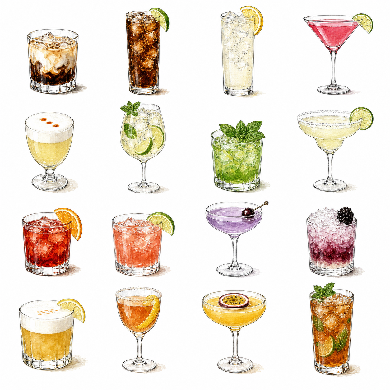 Ink-and-watercolor serving-style illustration for Cosmopolitan; appearance and garnish may vary.