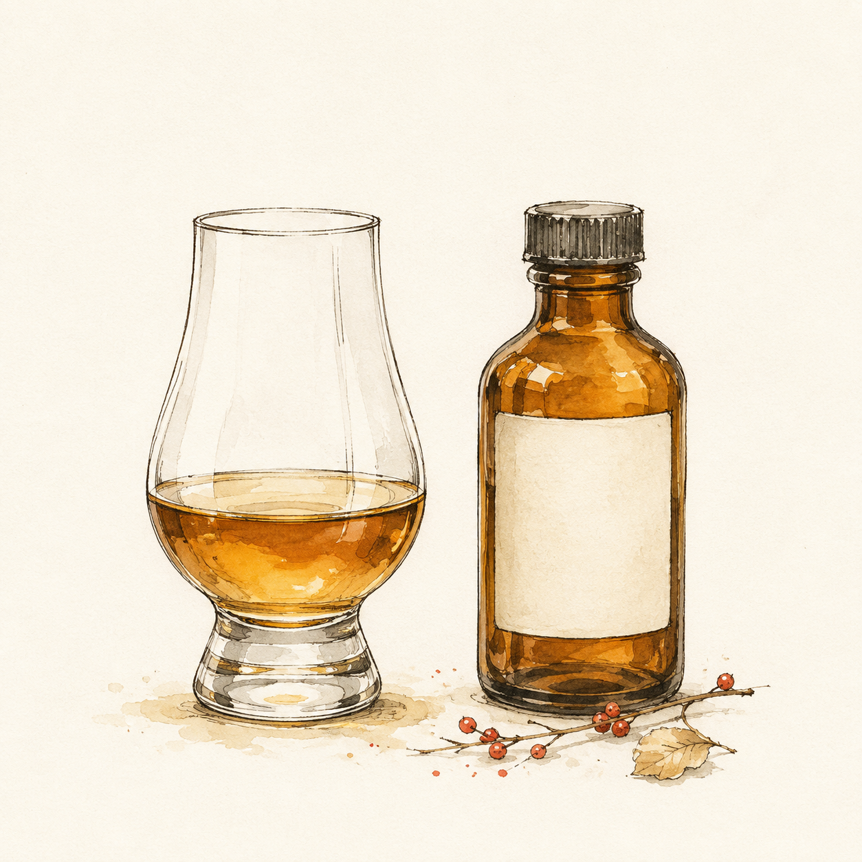 Ink and watercolor study of an unbranded whisky bottle and tasting glass; not a product depiction